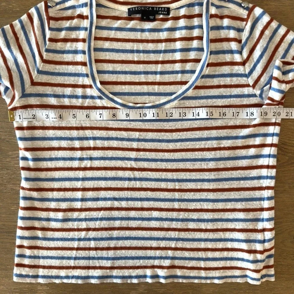 Veronica Beard Benji Striped 100% Linen Short Sleeve T-Shirt-Rust & Blue-Sz M - Picture 7 of 13